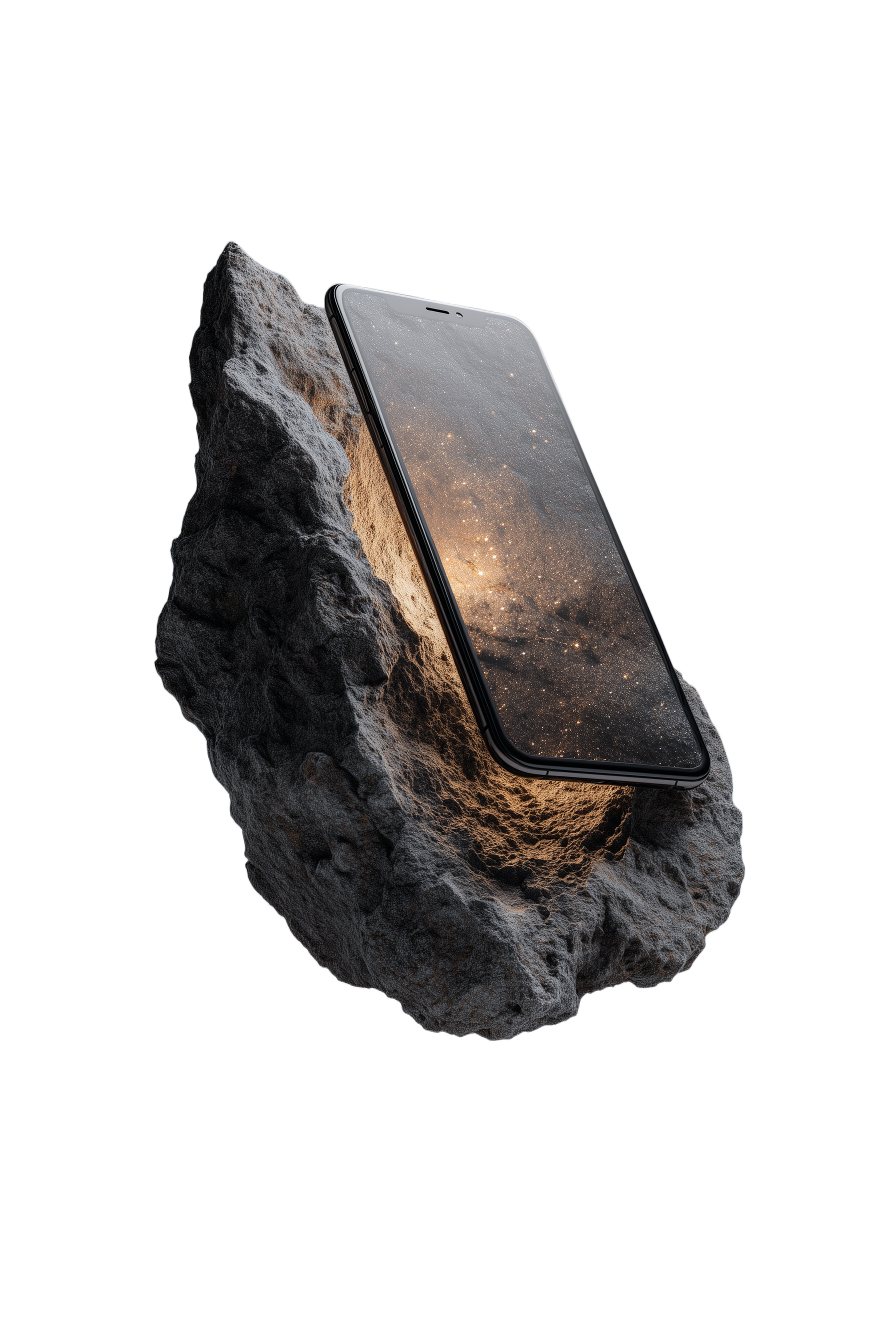 Raw stone with a glowing smartphone screen, where the organic meets the digital